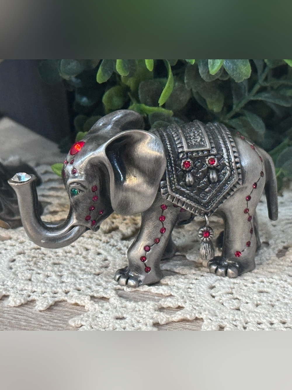 Pewter Bull Elephant with Jeweled Royal Covering Trinket Box